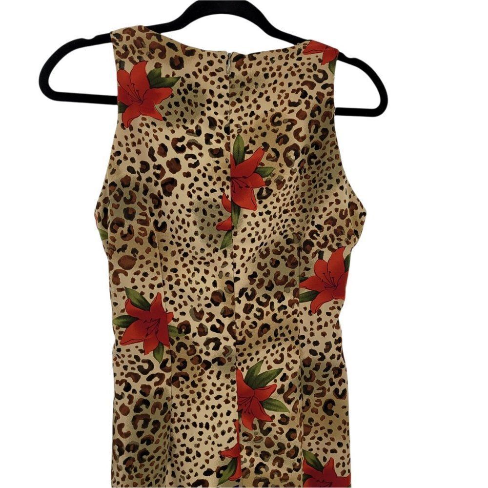 Vintage Tan Leopard Red Lily Print Sleeveless Mock Side Tie Hostess Dress Sz M - Picture 11 of 14